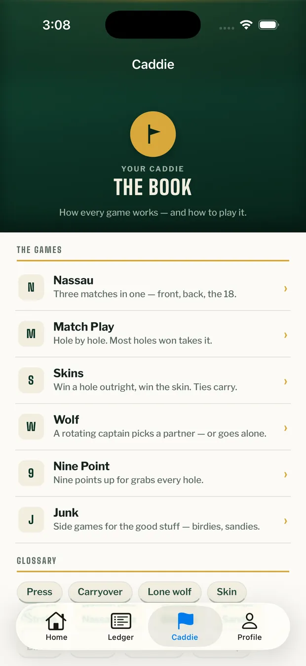 The Caddie's book: every game explained in a sentence, with a tappable glossary of terms
