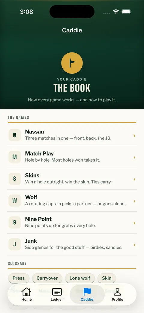 The Caddie's book: every game explained in a sentence, with a tappable glossary of terms