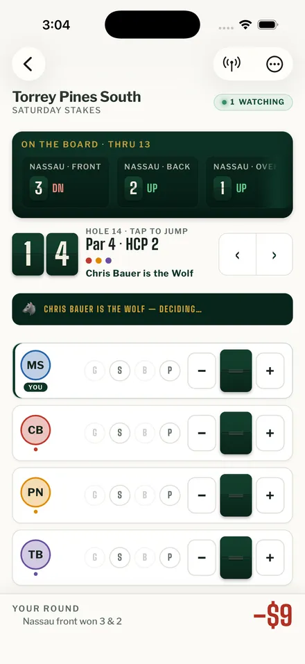 TwoDown hole card mid-round: the Nassau board through 13 holes, split-flap hole tiles, a Wolf declaration banner, and score steppers for the foursome