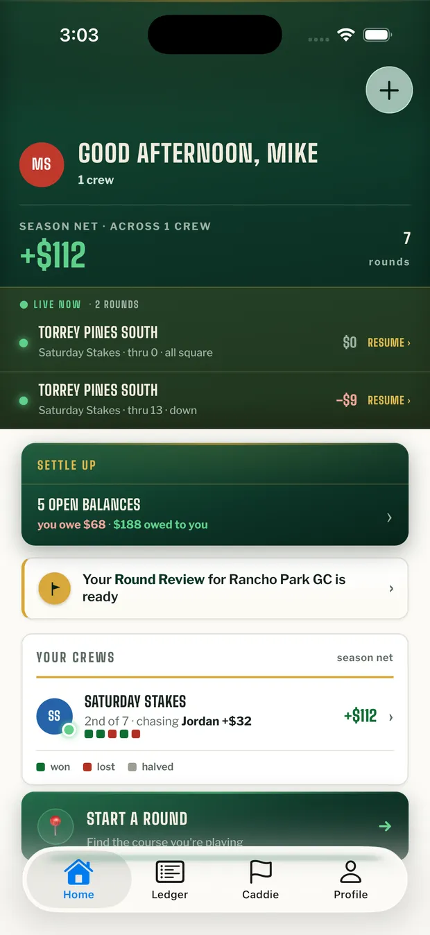TwoDown home screen: season net, two live rounds in progress, open settle-up balances, and crew standings