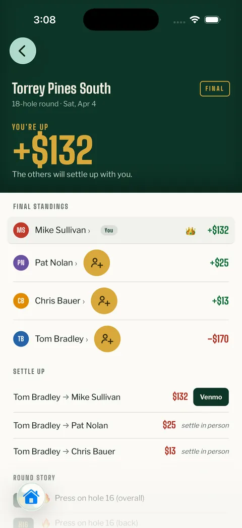 A finalized round: final standings with the winner crowned, and settle-up payment rows with a Venmo button